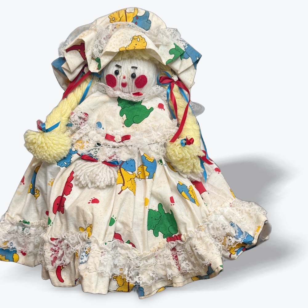 Vintage 1980s Handmade‎ Yarn Doll 21 in Lace Dress & Bonnet Retro Craft Rag Doll